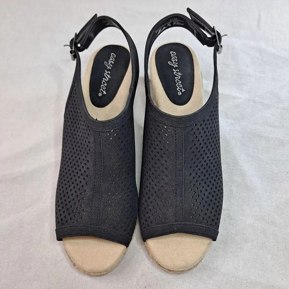 Easy Street Women's Stacy Espadrille Sandals Size 8.5M Black Perforated Wedges
